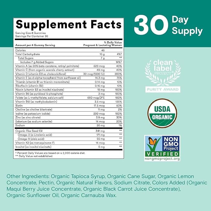 SmartyPants Organic Prenatal Vitamins for Women, 3 (ALA), D3, C, B12, B6, B6, Vitamin K2 & 120 Count (30 Day