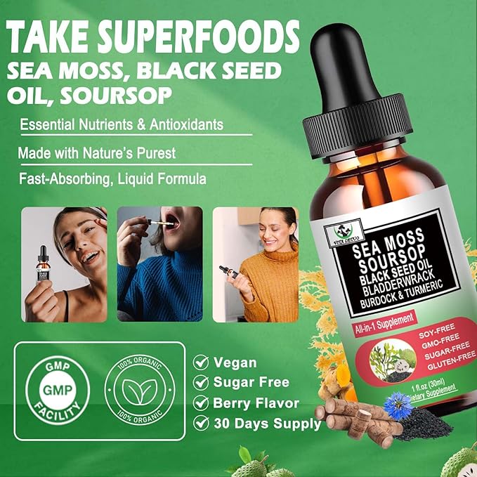 Sea Moss Black Seed Oil Soursop Liquid Drops with Bladderwrack Burdock Root Turmeric - Multimineral & Vitamins Superfood Drops Organic Non-GMO for Immune & Digestive & Cell Support Skin Hair