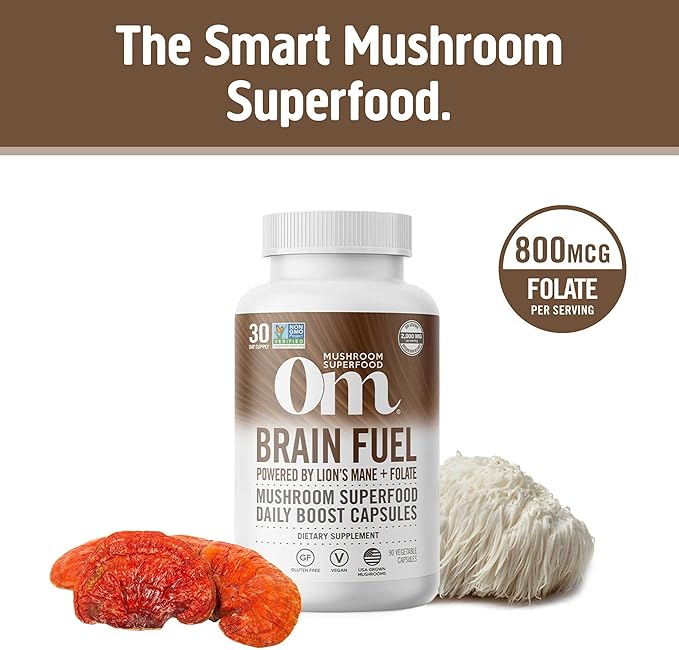 OM MUSHROOM SUPERFOOD Brain Fuel Mushroom Powder Capsules Superfood Supplement, 90 Count, 30 Days, Lion's Mane, Reishi Blend Plus Folate, Mental Clarity, Mushroom Supplement