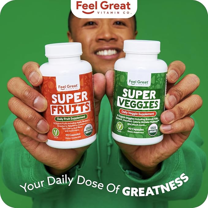 Feel Great USDA Organic Fruit and Vegetable Supplements | 20+ Super Reds & Greens for Natural Energy Support | Vegan Fruit and Veggie Vitamins | 2 Pack of 90 Count