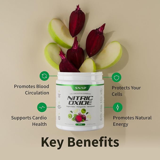 Snap Supplements Organic Beet Root Powder, Nitric Oxide Superfood Supplement with Beets, B Vitamins, Pomegranate & Red Spinach for Energy, Heart Health & Circulation Support, 30 Servings, Apple