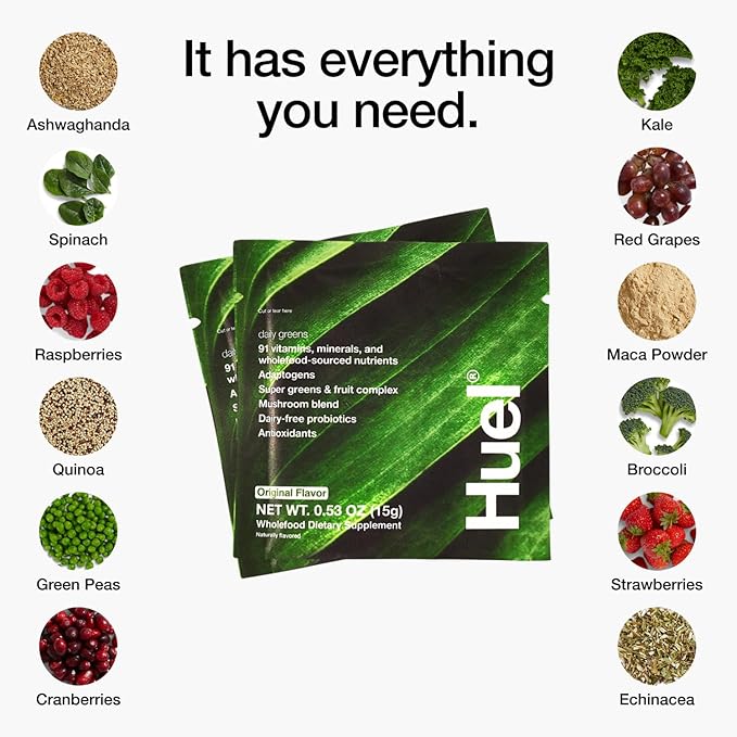 Huel Daily Greens Single Serve | Superfood Greens Powder | 91 Vitamins, Minerals, and Wholefood-Sourced Ingredients | Adaptogens, Antioxidants, Gut-Friendly Probiotics | 12 Pack