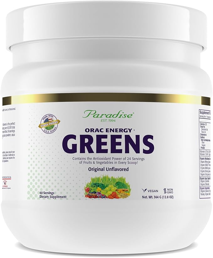 Paradise, ORAC Energy Greens Powder Extract, Super Antioxidants, Probiotics for Gut Health & Digestion, Vitamin C for Immunity, with Spirulina & Chlorella, Non-GMO, Gluten Free, 60 Servings