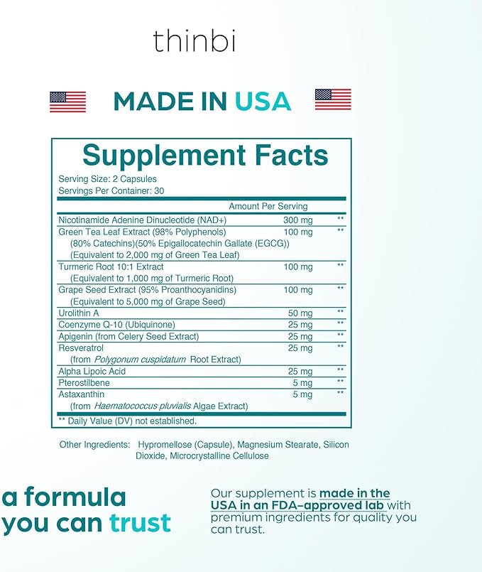 NAD Supplement 8457 mg – Extra Strength NMN Alternative Liposomal NAD+ for Women & Men w/ Urolithin A, Resveratrol, CoQ10, Alpha Lipoic Acid- Energy, Anti-Aging, Cell Regeneration 30-Day Supply Thinbi
