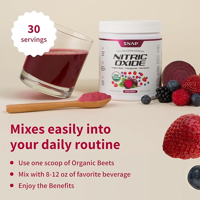 Snap Supplements Organic Beet Root Powder, Nitric Oxide Superfood Supplement with Beets, B Vitamins, Pomegranate & Red Spinach for Energy, Heart Health & Circulation Support, 30 Servings, Mixed Berry
