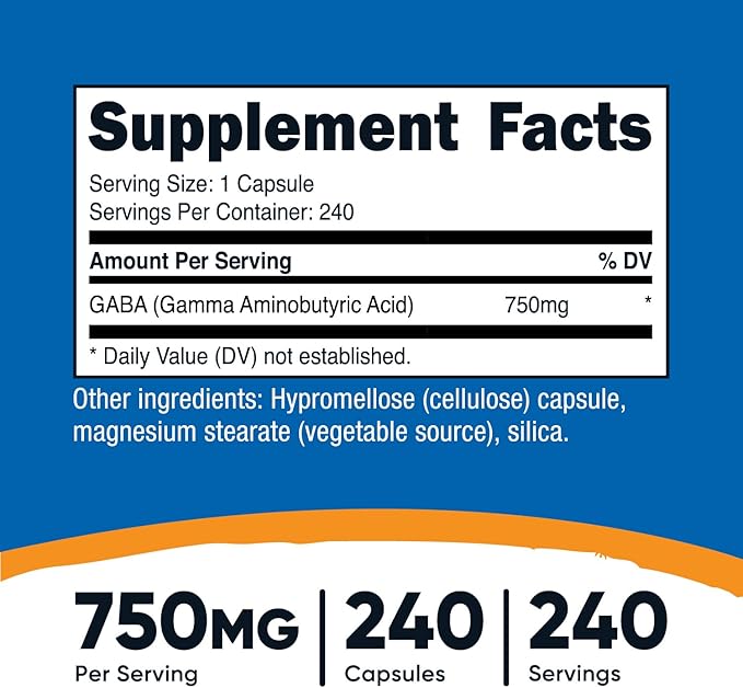 Nutricost GABA (Gamma Aminobutyric Acid) 750mg, 240 Capsules, 240 Servings