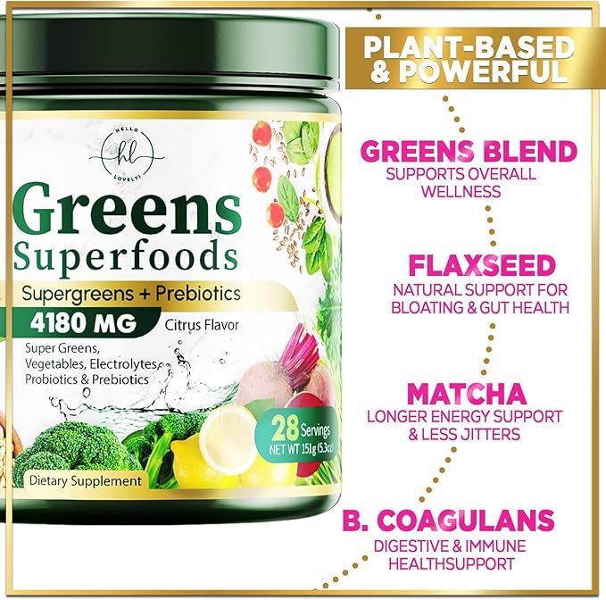 Green Powder Superfood, Organic Super Greens Powder Juice & Smoothie Drink Mix, Gut Health & Bloating Support, Probiotics, Spirulina, Chlorella & Beet Root for Digestive & Energy Support - 28 Servings