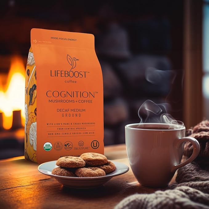 Lifeboost Cognition Adaptogenic Decaf Mushroom Coffee - Lions Mane & Chaga Nootropic Coffee - Low Acid Decaf Medium Organic Coffee - Increase Energy, Boost Focus & Immune Support - 12 oz Bag - Ground