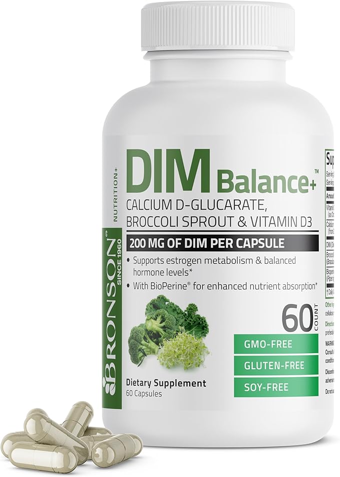 Bronson DIM Balance+ Calcium D-Glucarate, Broccoli Sprouts and Vitamin D3 200 MG of DIM per Capsule Supports Estrogen Metabolism and Balanced Hormone Levels Non-GMO, 60 Vegetarian Capsules