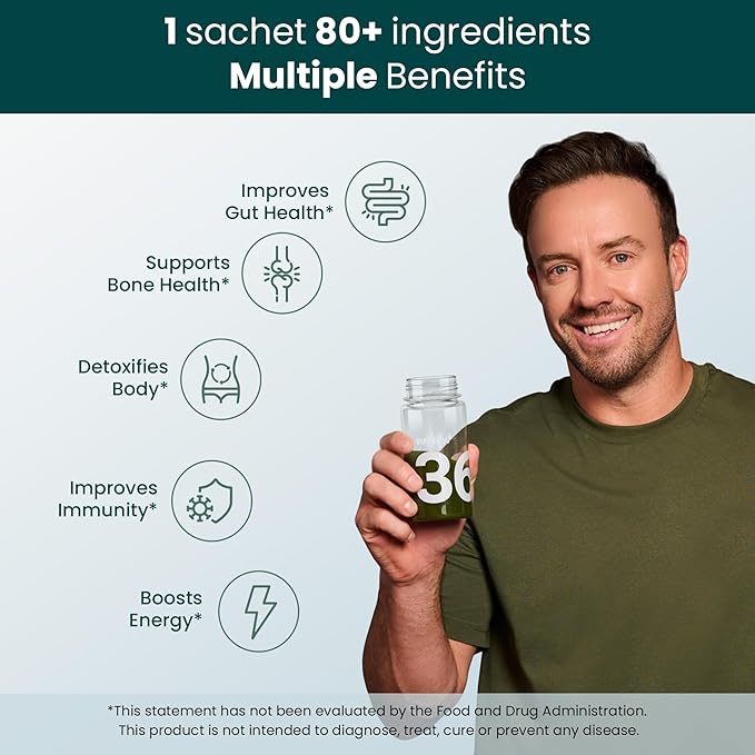 360 Greens Powder with 80+ Superfoods, Ayurvedic Herbs, Vitamins, Minerals, Probiotics & Botanicals | Supports Energy, Gut Health & Immunity | Plant-Based & No Added Sugar | 15 Servings