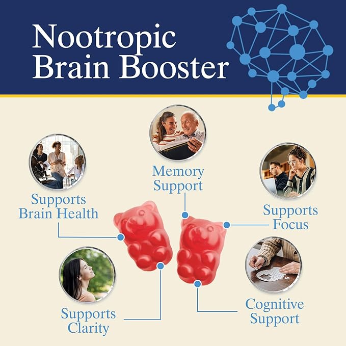 Brain Supplement Gummy for Memory, Focus B6 B12, B12, Caffeine 60 Gummies