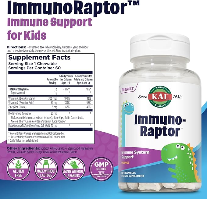 KAL ImmunoRaptor Kids Immune Support Chewables, Vitamin C and Zinc for Healthy Cell Function, Dinosaur Shaped, Orange Flavor, Gluten, Lactose, and Peanut-Free, Sweetened with Xylitol, 60 Servings