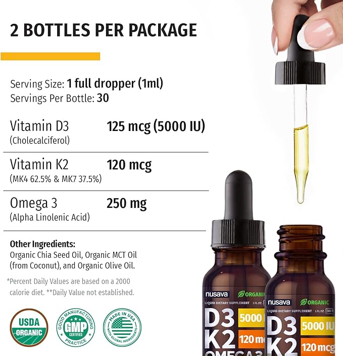 (2 Pack) Organic Vitamin D3 K2 3, 5000 5000 IU, 5000 IU, D3 for 2 Fl D3
