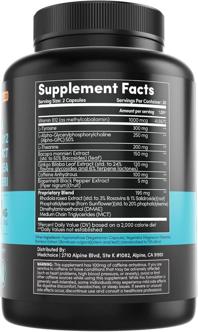 12-in-1 Nootropic Brain Supplement with Caffeine B12, Alpha 1321mg (60ct) (60ct)