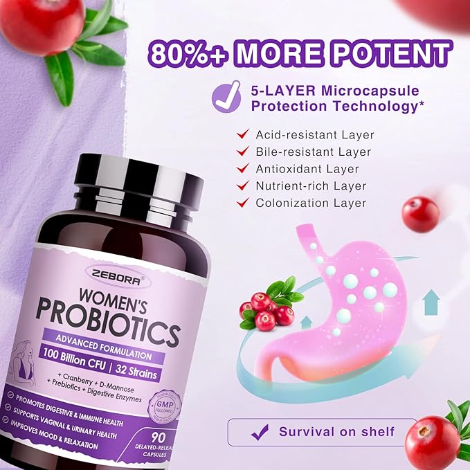 ZEBORA Probiotics for Women Digestive Health 100 Billion 90 Capsules