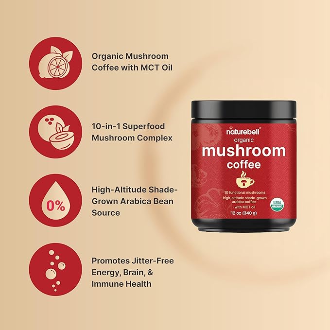 Organic Mushroom Coffee with MCT Oil, 12oz | 10 in 1 Adaptogenic Mushrooms – Lions Mane, Shiitake, Reishi, Chaga, & More – Energy, Immune Booster, & Brain Health Support – No Fillers
