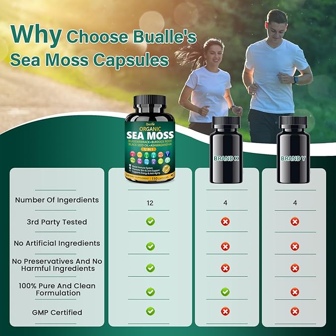 Organic Sea Moss Capsules with Sea Moss,Black Seed Oil,Ashwagandha,Bladderwrack,Ginger,Burdock Root for Immune System,Skin,Energy Support-150 Capsules (1 Pack)