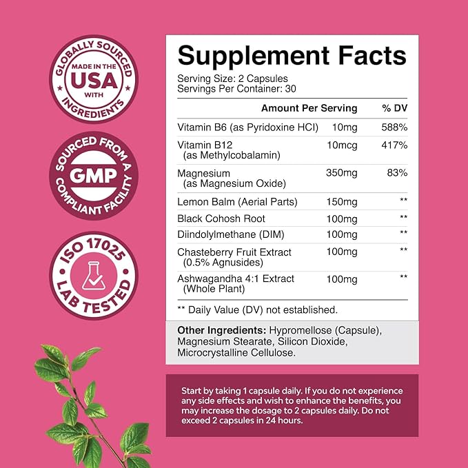 PMS Support Supplement for Women – Menstrual Hormone Balance for Women with DIM, Chasteberry, Black Cohosh & Ashwagandha - for Period Cramps Relief, Menopause Bloating, Mood Swing – 60 Capsules