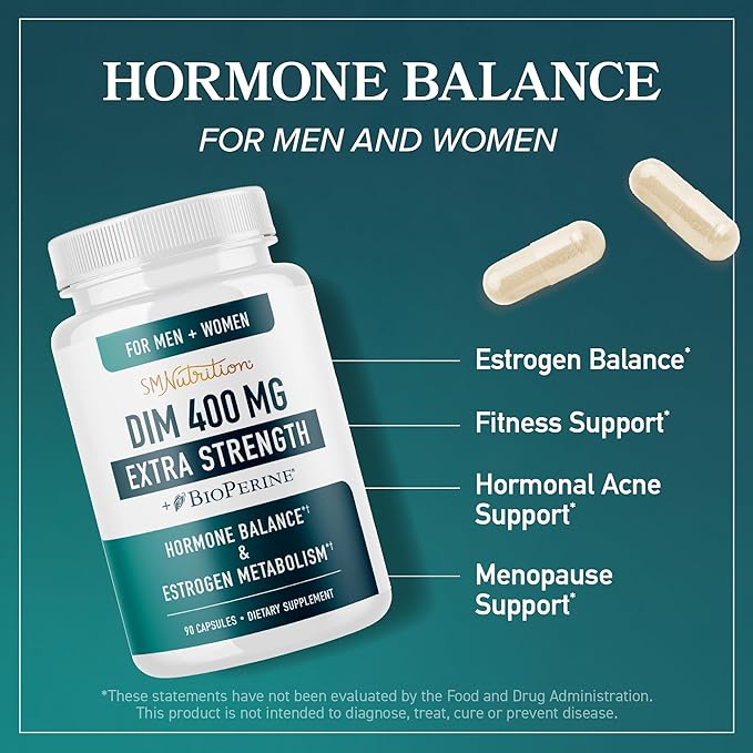 DIM Supplement 400MG Extra Strength | Hormone Balance for Men and Women | Menopause, Acne, Hot Flashes Relief, Prostate Support & Antioxidant Support | Soy-Free, Gluten-Free | SMNutrition | 90 Ct.