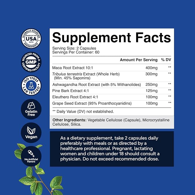 Potent Black Maca Root Capsules for Men (60 Servings)