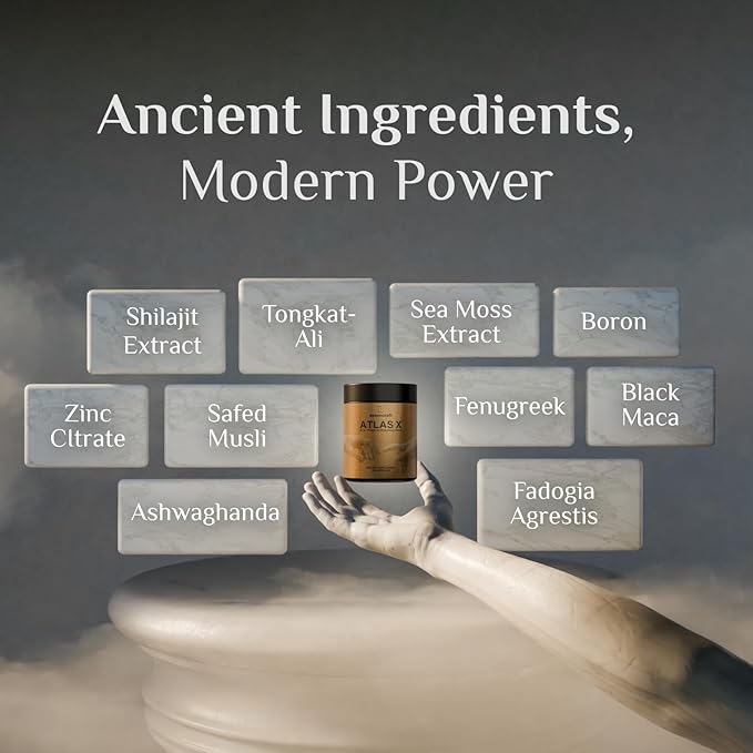 ATLAS X 10-in-1 Masculinity Maximiser Supplement for Men - Energy, Strength & Vitality Capsules with Shilajit, Ashwagandha, Zinc, Safed Musli, Tongkat Ali, Black Maca, Fadogia Agrestis, 2 Month Supply