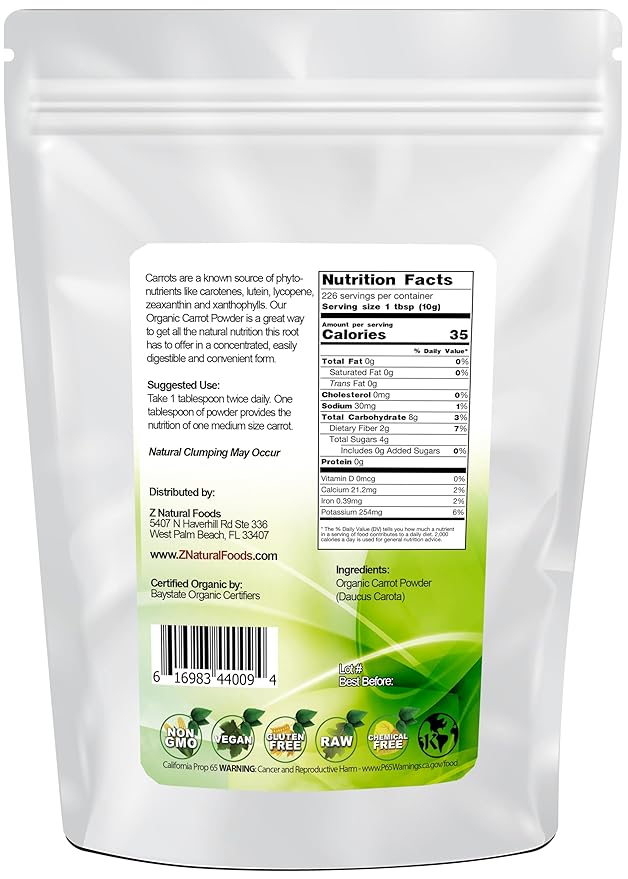 Z Natural Foods Organic Carrot Powder, Natural Superfood Powder for Vision and Heart Health, Great in Juices, Smoothies, and Recipes, Non-GMO, Vegan, Gluten-Free, Kosher, 5 lbs