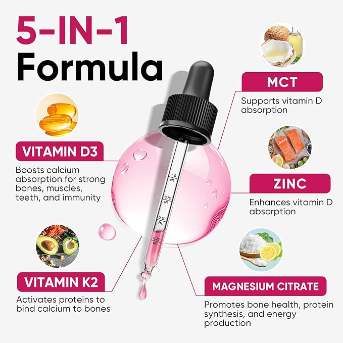 Venture Pal Vitamin D3 10000 iu Plus K2 (MK-7) 200 mcg Liquid Drops, Magnesium & Zinc MCT Oil | for Bone, Mood & Immune Health | High Absorption VIT K2 D3 Vitamin Supplement(Raspberry, 2 Fl Oz)