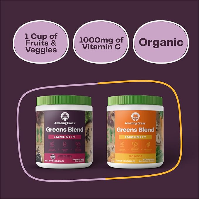 Amazing Grass Greens Superfood for Immune Support: Greens Powder with Organic Spirulina, Chlorella, Beet Root Powder, Digestive Enzymes & Probiotics, Elderberry, 30 Servings