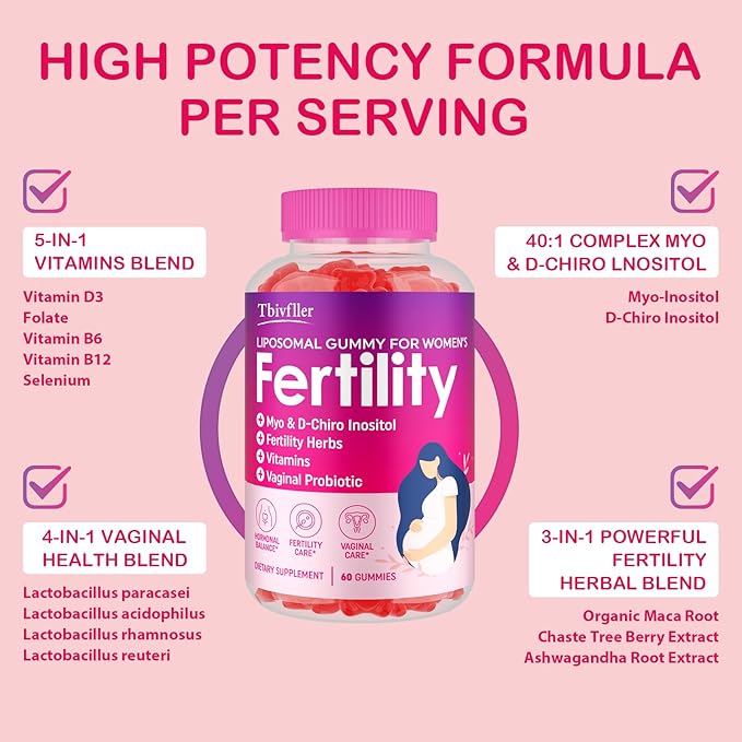 Fertility Supplements for Women, Prenatal Vitamins with Myo-Inositol & D-Chiro Inositol, Folate, Herbs, for Hormonal Balance, Fertility & Vaginal Care, 240 Prenatal Gummies (Raspberry)