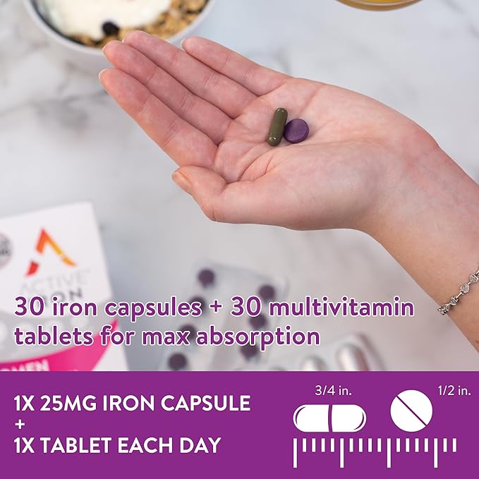 Active Iron Supplement for Women, Non-Constipating, 30 Active Iron Ferrous Sulphate Capsules with 30 Women's Multivitamin Tablets, Clinically Proven to Increase Iron & Energy Levels