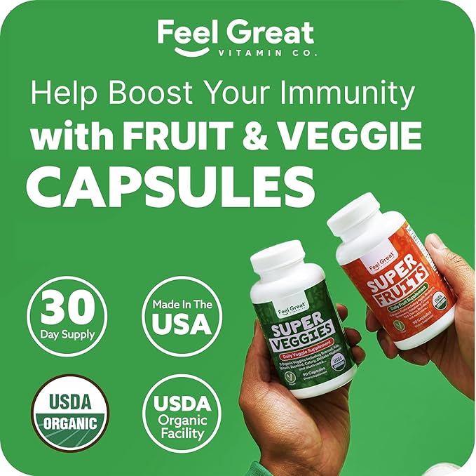 Feel Great USDA Organic Fruit and Vegetable Supplements | 20+ Super Reds & Greens for Natural Energy Support | Vegan Fruit and Veggie Vitamins | 2 Pack of 90 Count