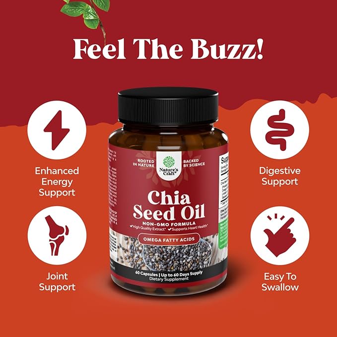 Chia Seed Oil Extract Capsules - Plant Based Omega 3 6 9 Supplement and Daily Fiber Capsules for Adults Digestive and Immune Support and Heart Health - Omega 3 Fatty Acids Supplement for Men and Women