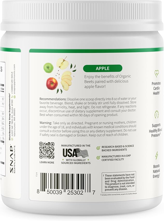 Snap Supplements Organic Beet Root Powder, Nitric Oxide Superfood Supplement with Beets, B Vitamins, Pomegranate & Red Spinach for Energy, Heart Health & Circulation Support, 30 Servings, Apple