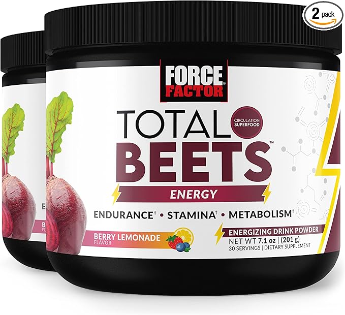 FORCE FACTOR Total Beets Energy Drink Mix 2-Pack, Superfood Beet Root Powder, Nitrates to Boost Energy, Support Circulation, Blood Flow, Nitric Oxide and Stamina, Heart Health Supplement, 60 Servings