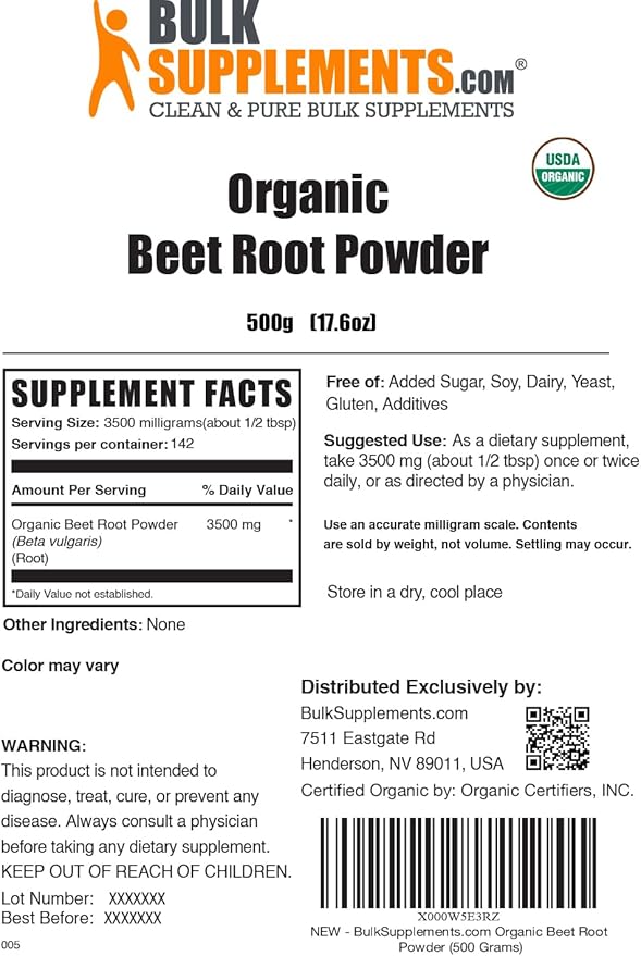BulkSupplements.com Organic Beet Root Powder - Beet Powder Organic, Beetroot Supplement - Superfood Supplement, Vegan & Gluten Free - 3500mg per Serving, 500g (1.1 lbs) (Pack of 1)