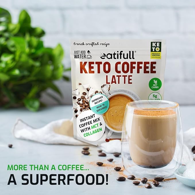 Eatifull Keto Coffee Latte - Instant Coffee (5g) of Collagen & MCT Oil - Sugar-Free, Stevia-Sweetened, High Protein (6g) - Medium Roast - Boosts Energy & Metabolism - 1 Bag