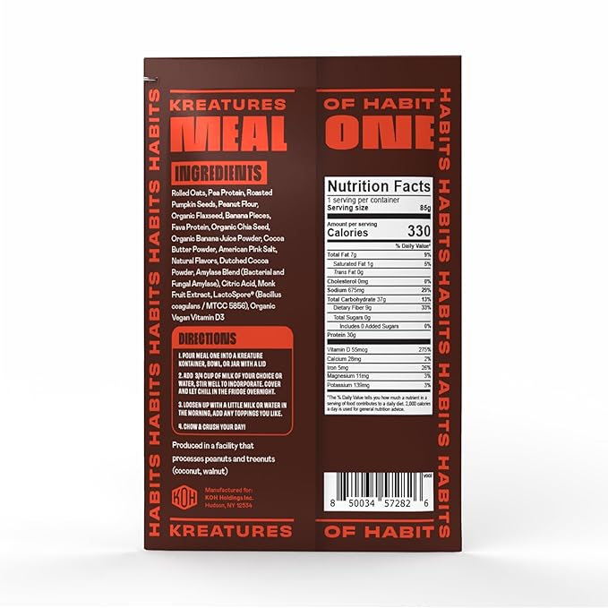 Kreatures of Habit Meal One | Overnight & Instant Superfood Protein Meal Replacement | Gluten Free, Dairy Free, 30g of Plant Based Protein, With No Added Sugar | Peanut Butter Banana | Pack of 7