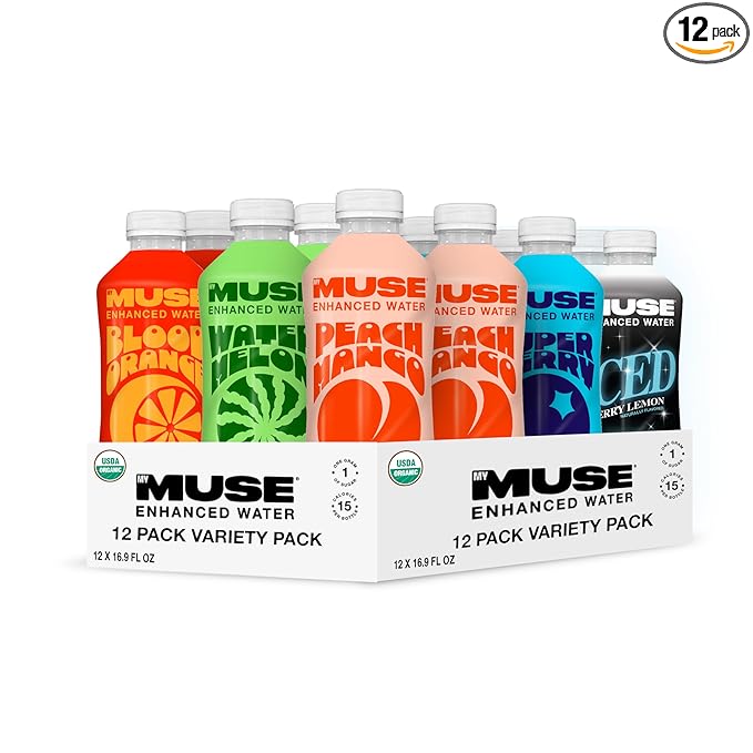 MyMuse Organic Enhanced Flavored Water, Variety Pack, 16.9 Fl Oz Bottle (12 pack), 1G of Sugar, Immune Support with Zinc & Elderberry, Antioxidants Vitamin E, Low Calories, USDA organic, Keto Friendly
