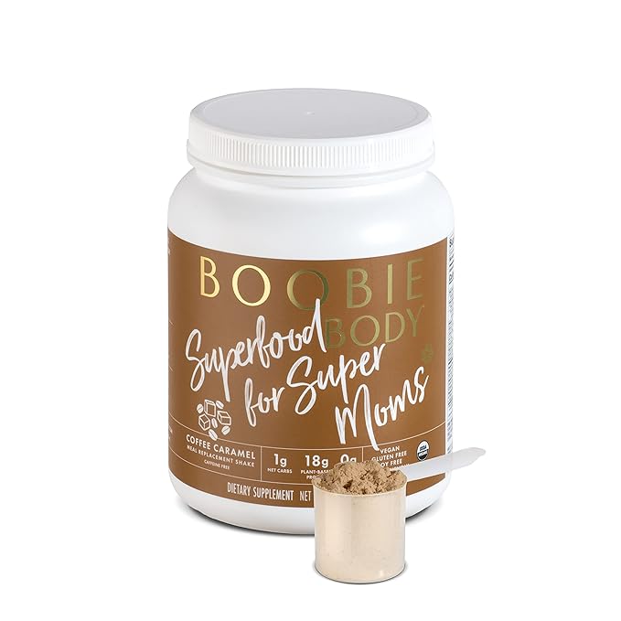 Boobie Body Superfood Protein Meal Replacement Shake, Coffee Caramel Flavor | 19g Protein | Safe For Pregnancy, Lactation, & Motherhood | Organic, Vegan, Zero Sugar, 1 Tub (20 Servings)