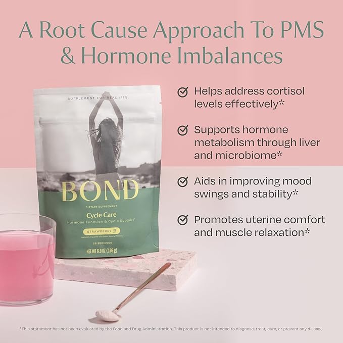BOND Cycle Care - PMS Support Supplement for Women, Root Cause Period Relief, Menstrual Cramps, Mood Support, Cortisol Manager - Ashwagandha, Magnesium Glycinate, B Vitamins, Probiotics - 28 Servings