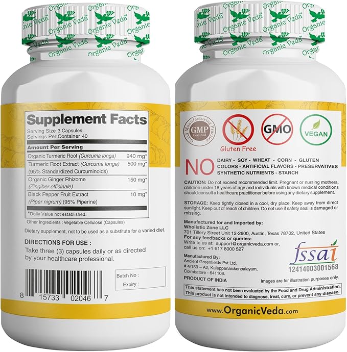 Organic Veda Turmeric and Ginger Capsules 120 pills (95% curcuminoids)