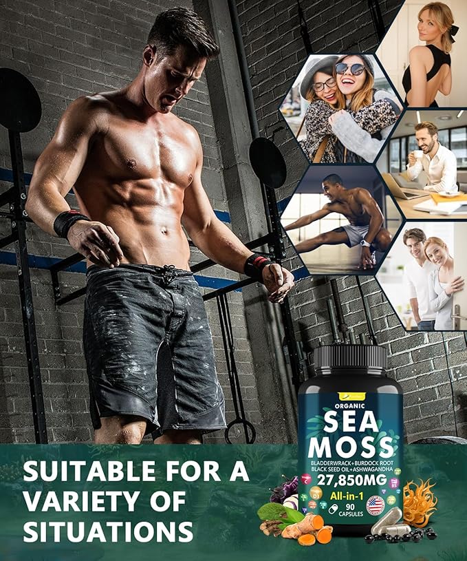 Sea Moss Capsules with Black Seed Oil, Ashwagandha, Ginger, Vitamin C & D3 - Advanced Sea Moss Pills, Superfood with Bladderwrack, Elderberry, 90 Tablets