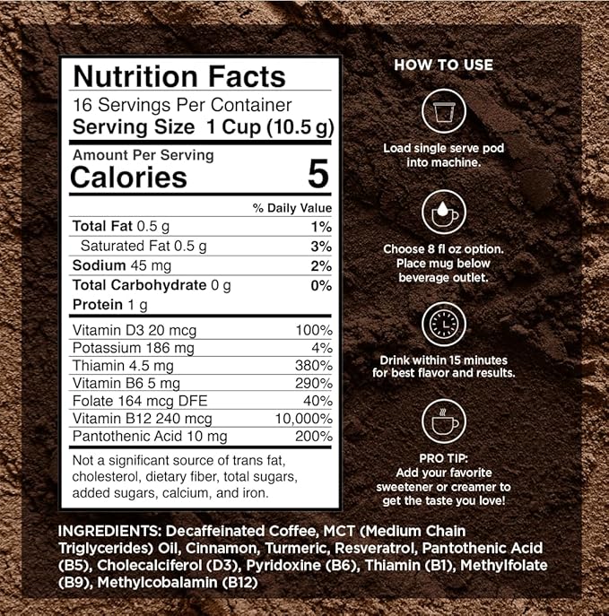 Decaf Genius Keto Coffee Pods with MCT Oil, Turmeric, and B Vitamins by VitaCup for Focus in Recyclable Single Serve Pod Compatible with K-Cup Brewers Including Keurig 2.0, 16 CT