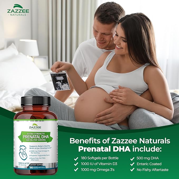 Zazzee Extra Strength Prenatal DHA 500 180 Enteric 1000 mg 3’s, 1000 1000 UI D3, Burp