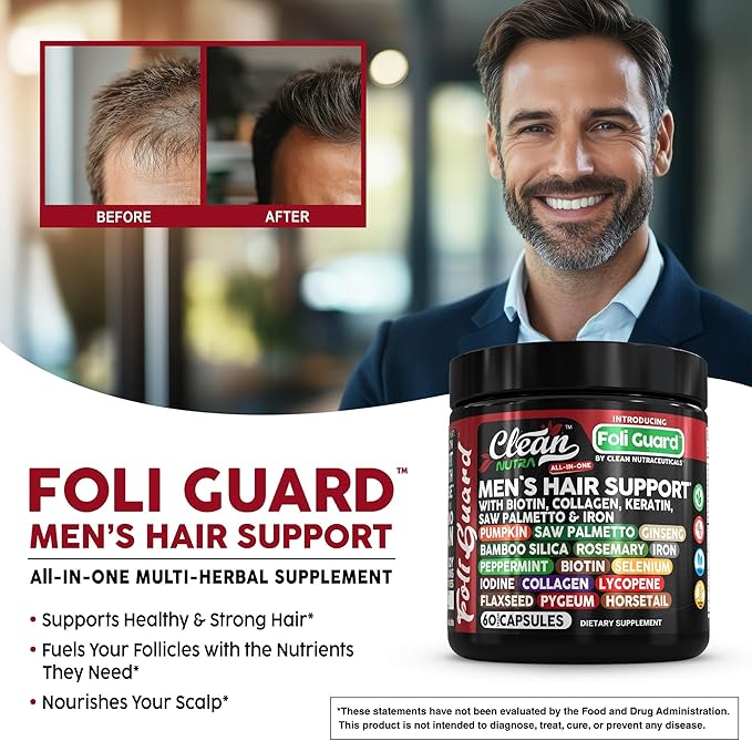 Hair Growth Supplement for Men | Biotin Collagen Keratin Saw Palmetto Iron Pumpkin Ginseng Bamboo Silica Rosemary Peppermint Selenium Iodine Flaxseed Horsetail Vitamin A C D3 E B12 by Clean Nutra (1)