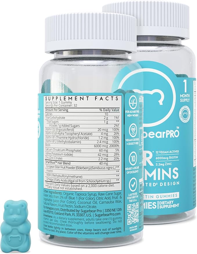SugarbearPro Hair Vitamin Extra Strength 6000mcg B12, MSM, Omega3, Elderberry, 2 Month