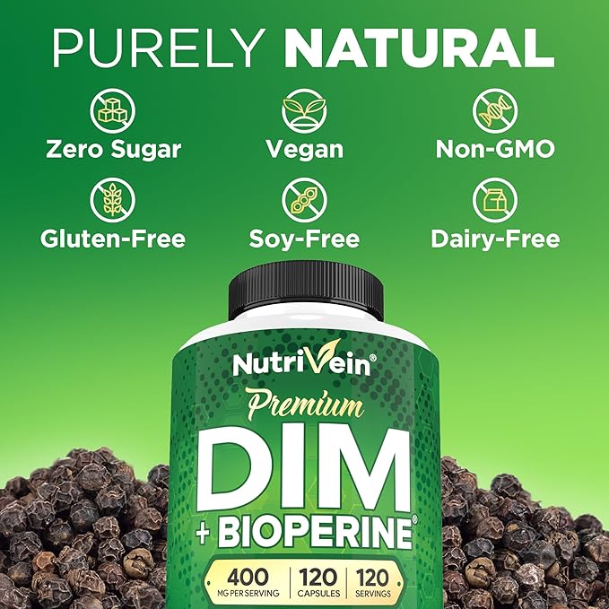 Nutrivein DIM Supplement 400mg Diindolylmethane Plus Bioperine - Maintain Hormone Balance with Estrogen for Menopause and Middle Age - Supports Acne and PCOS Treatment Men & Women