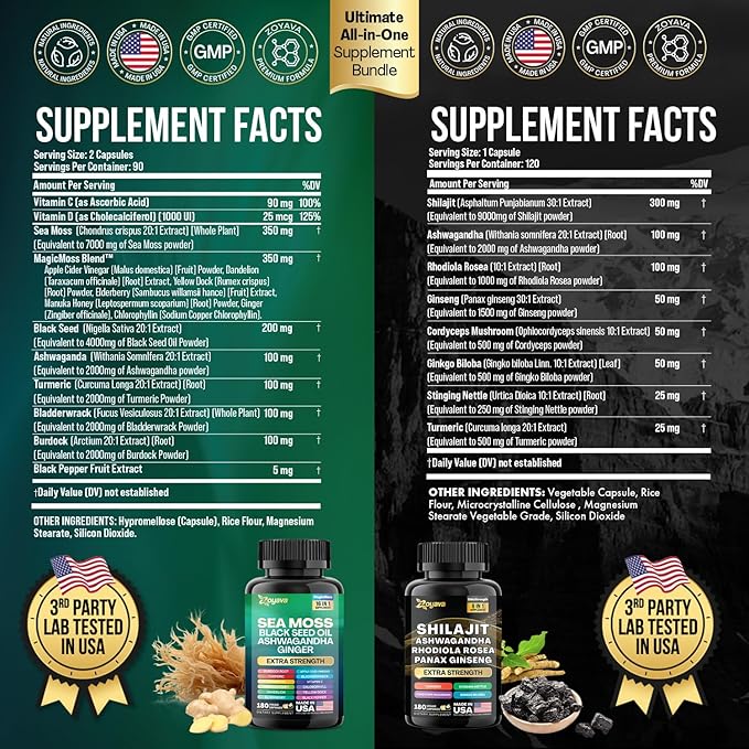 Zoyava Dynamic Vitality Bundle, Sea Moss 7000mg, Black 4000mg, Ashwagandha 2000mg, Ginger 9000mg, Rhodiola 1000mg, Panax (3 Pack)
