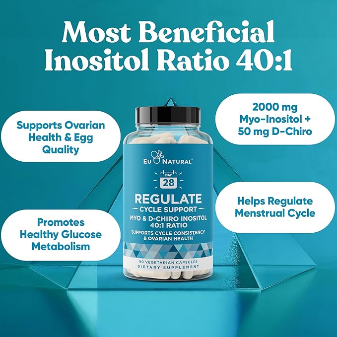 Regulate Cycle Support – Hormone Balance for Women at Optimal 40:1 Myo-Inositol & D-Chiro Inositol – PCOS Supplement for Period Consistency, Menstrual & Ovulation Support – 90 Vegan Capsules