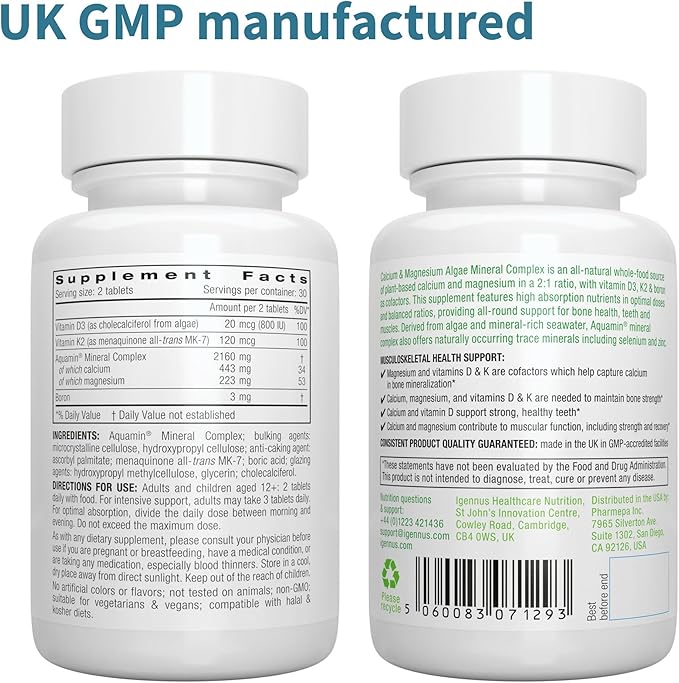 High Absorption Algae Calcium & Magnesium K2 & D3, Non-GMO 6 x 60 Tablets,